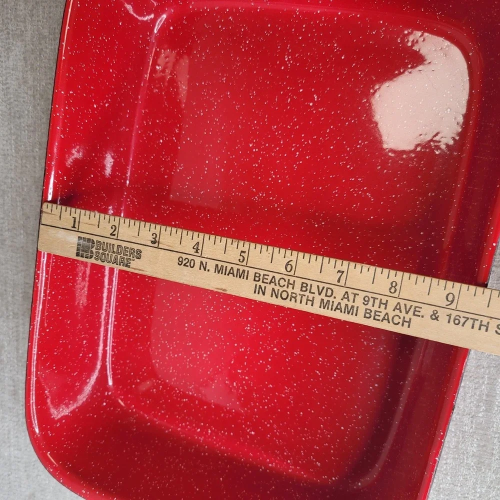 Crate and Barrel Tinware Red White Spatter Enamelware 12 1/2